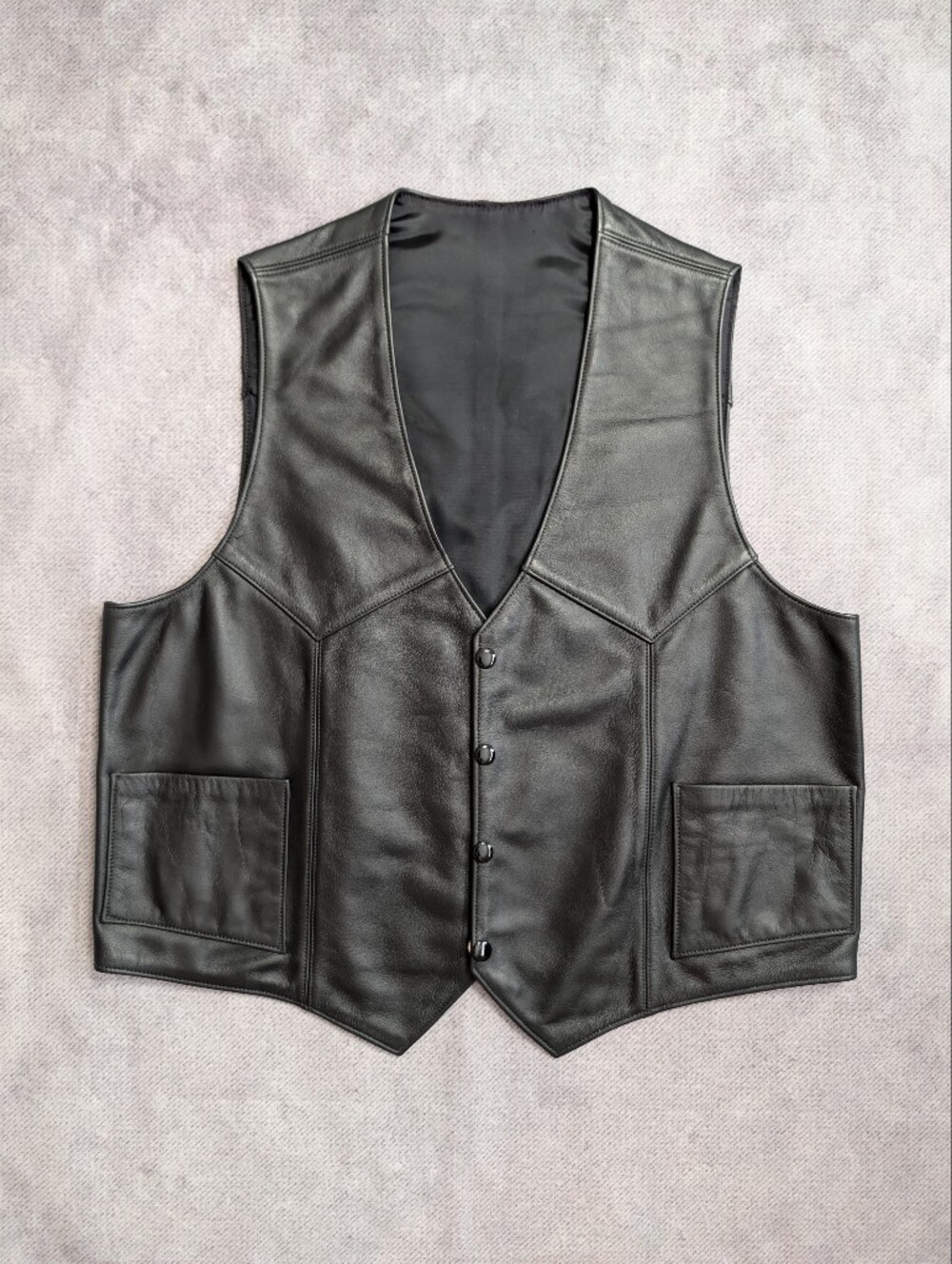 Leather Waistcoat Lace Sided in Cowhide. Motorcycle biker vest in black.